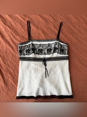 Vintage Ann Taylor Satin Silk Lace Tank 6 Ivory Coquette Goth Y2K Romantic